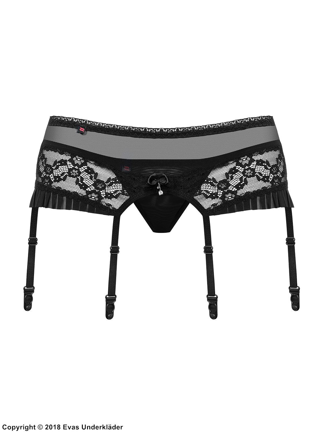 Garter belt and panty, floral lace, mesh inlay, pleated trim